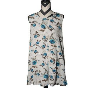 Tassels n Lace White Blue Floral Sleeveless Blouse 1XL Rayon Tank Top Boho
